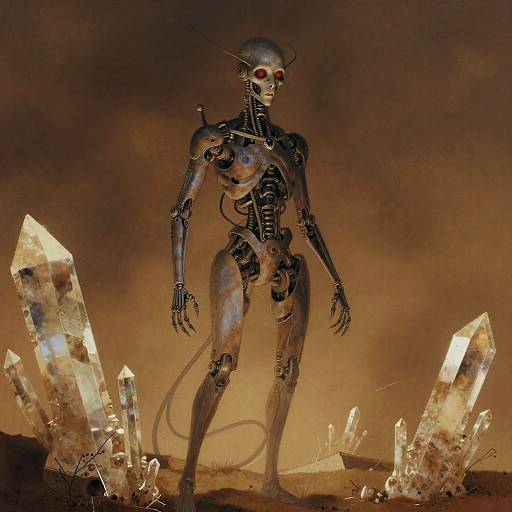 Digital painting of a tall, humanoid robot with glowing red eyes and antennae, standing among large, glowing crystals in a smoky, orange-brown
