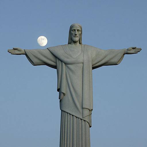 Photograph of a tall, stone statue of Jesus with outstretched arms, against a clear blue sky, with a full moon in the background.