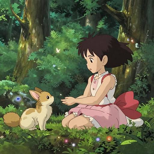 Anime-style drawing of a girl with short black hair, pink dress, and red bow, sitting in a forest, interacting with a small, fluffy,
