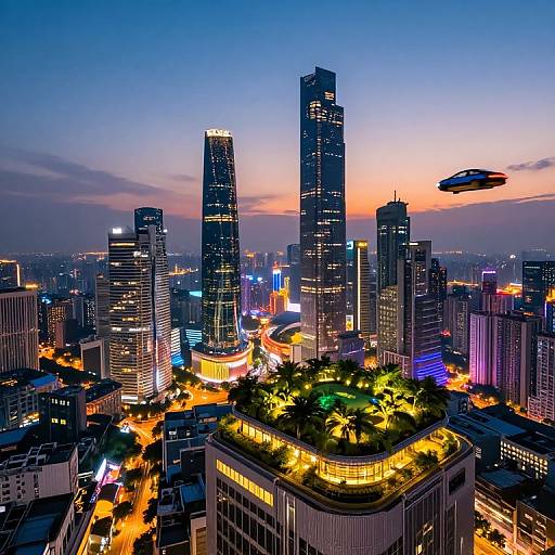 Photograph of a vibrant cityscape at dusk, featuring illuminated skyscrapers, a futuristic UFO-like object in the sky, and a rooftop garden with