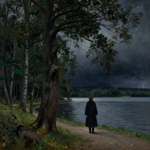 Solitary Figure by Stormy Lake Path