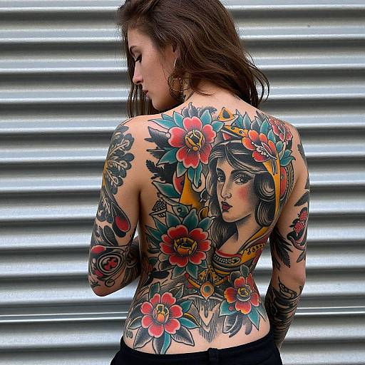 Photograph of a tattooed woman with long brown hair, showcasing vibrant floral and portrait tattoos on her back, standing against a metallic, horizontal-rib