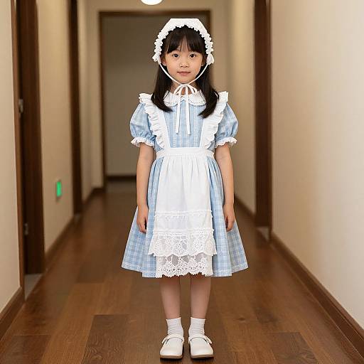 Photograph of an Asian girl with straight black hair, wearing a blue and white checkered maid dress, white lace trim, headband, and white