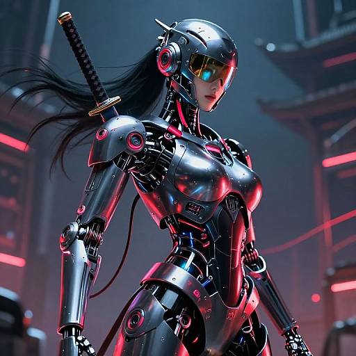Cyberpunk female robot warrior with sleek black armor, red highlights, long black hair, and katana, standing confidently in a neon-lit futuristic