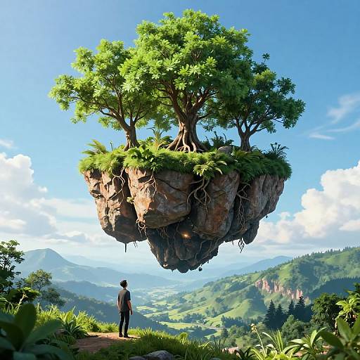 Digital artwork: A lone man gazes at a floating tree island with lush green foliage, set against a vibrant, mountainous landscape.