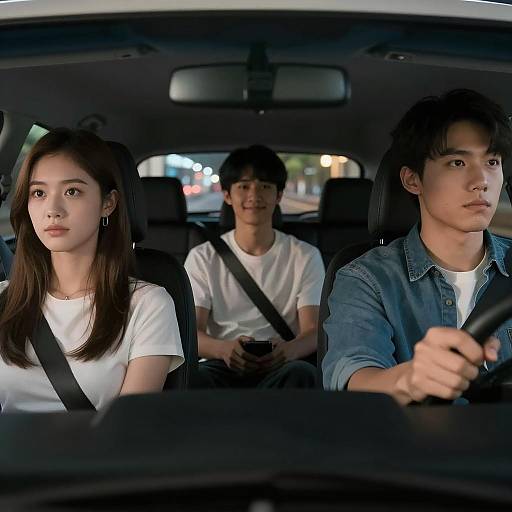 Nighttime Car Scene with Three Passengers