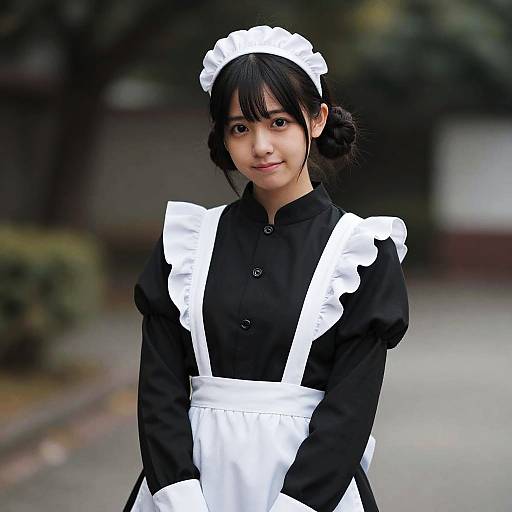 Photograph of a young Asian woman with black hair in a maid outfit, featuring a white apron and headpiece, standing outdoors with a blurred background