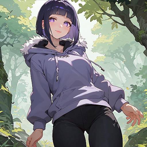 Anime Girl in Hoodie Standing in Forest