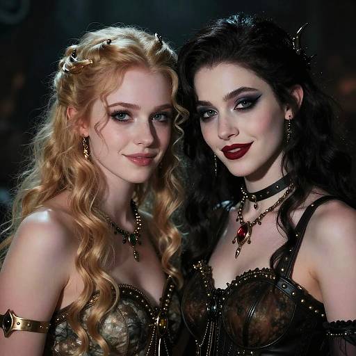 Photograph of two women with gothic attire: one blonde with wavy hair, black lace top; the other with dark hair, red lipstick,