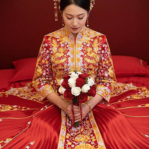 Photograph of an Asian woman in ornate red and gold traditional Chinese wedding dress, holding a bouquet of white and red roses, standing in front of