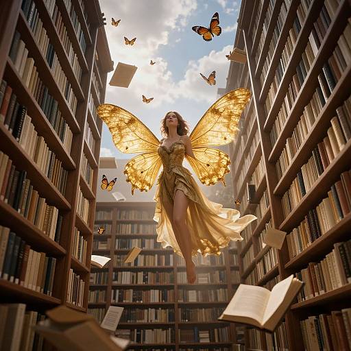 Photograph of a fairy with golden wings, flowing dress, and long hair, soaring between tall library bookshelves with flying butterflies and floating books under