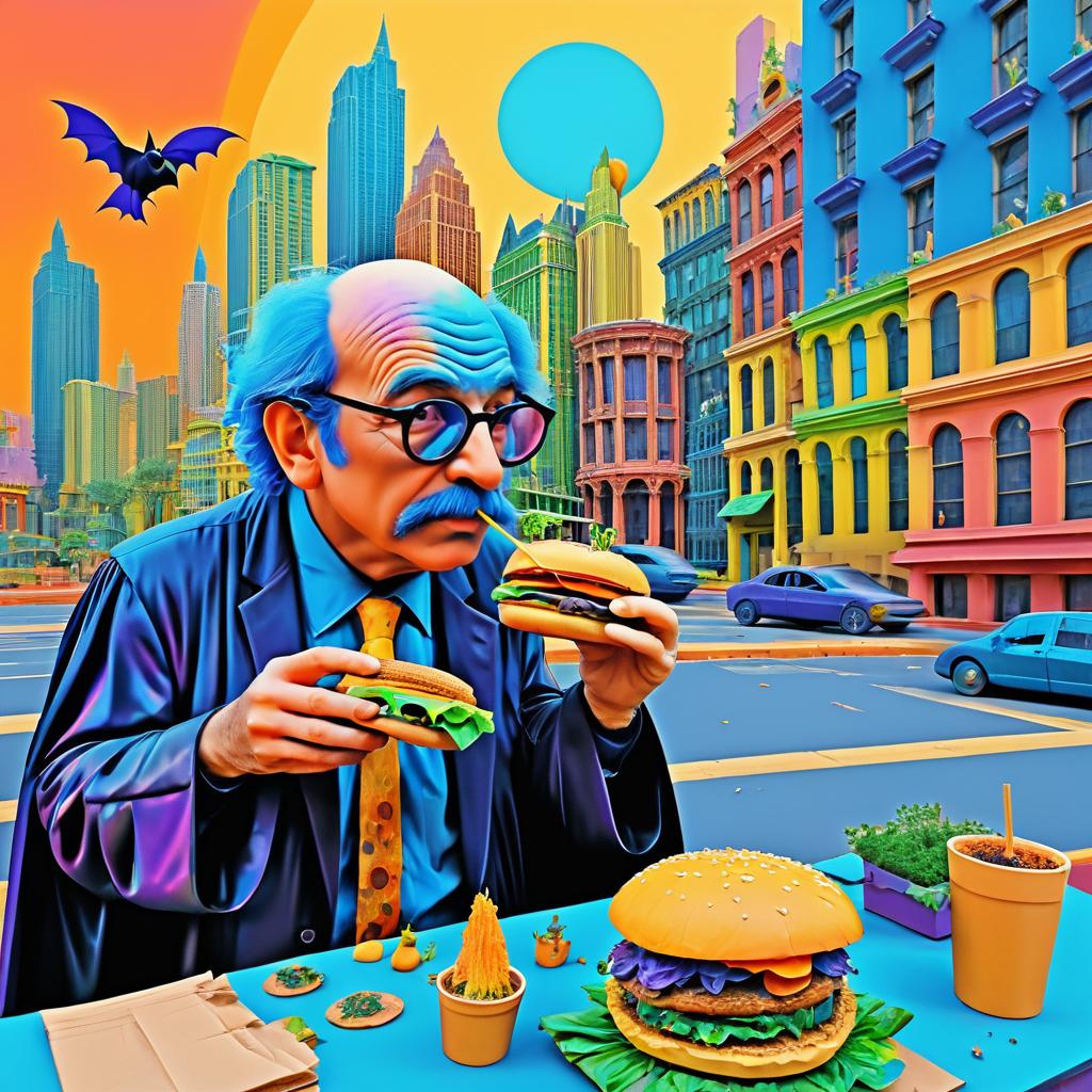 Psychedelic Batman Enjoying a Veggie Burger