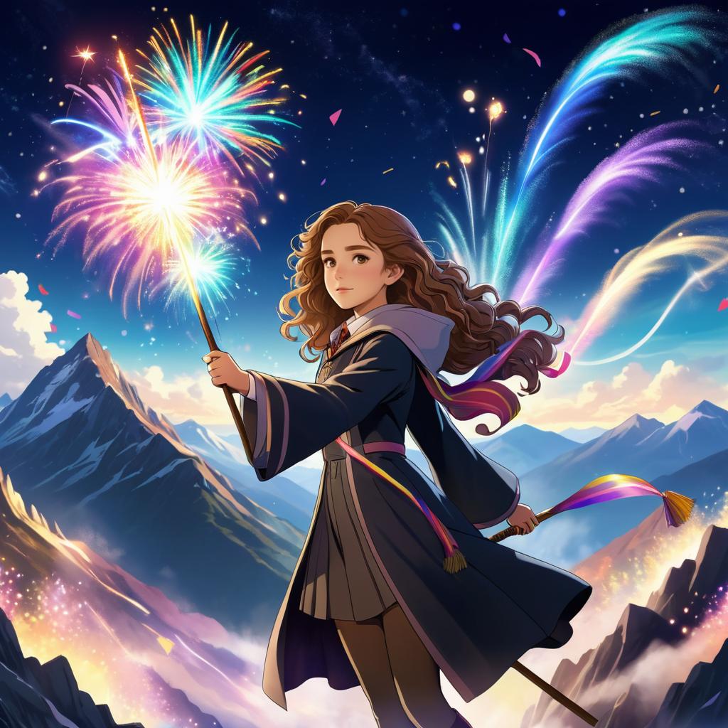 Anime Hermione with Broom and Fireworks