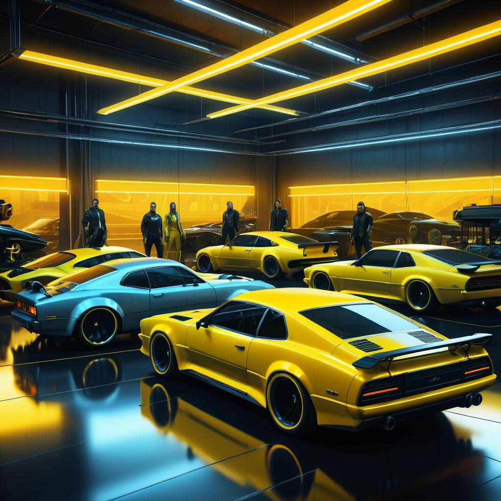 Cyberpunk Street Racers in High-Tech Garage