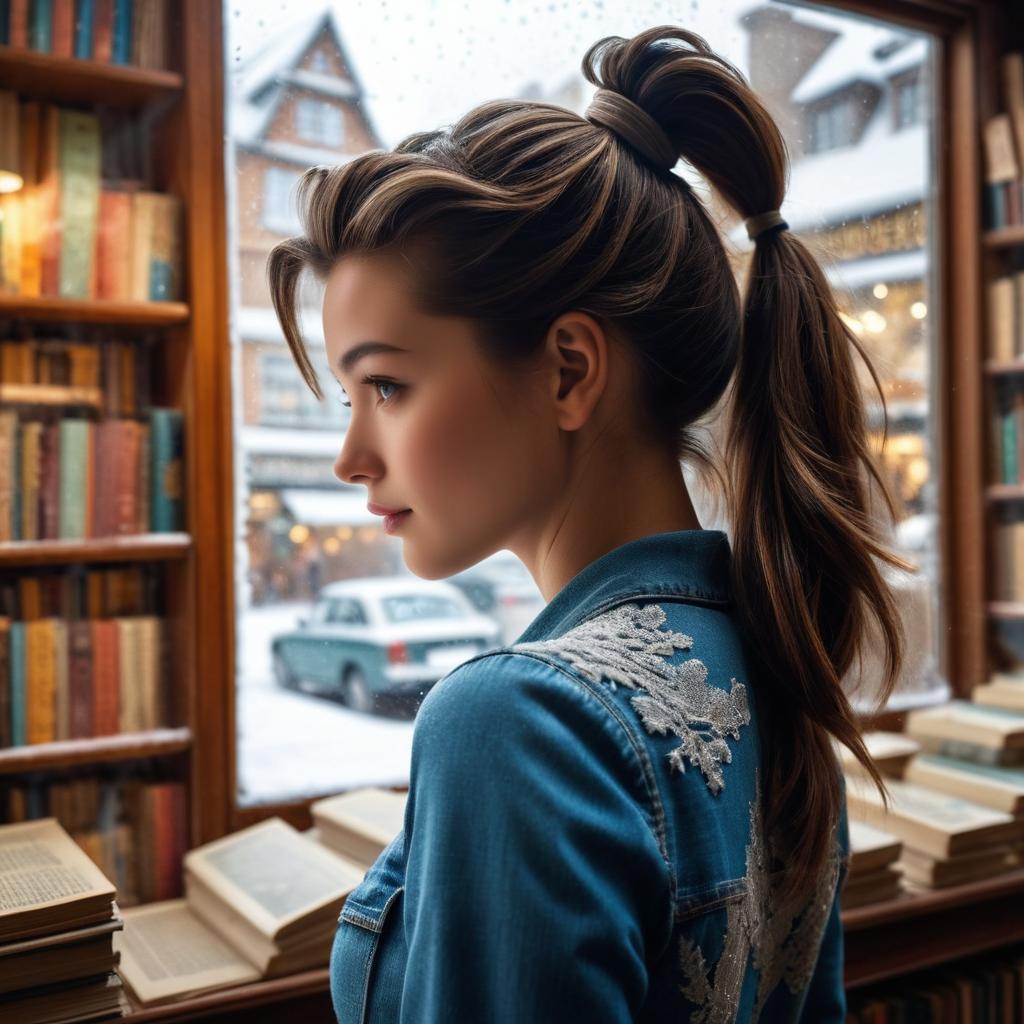 Vintage Bookstore Portrait of Brunette Woman