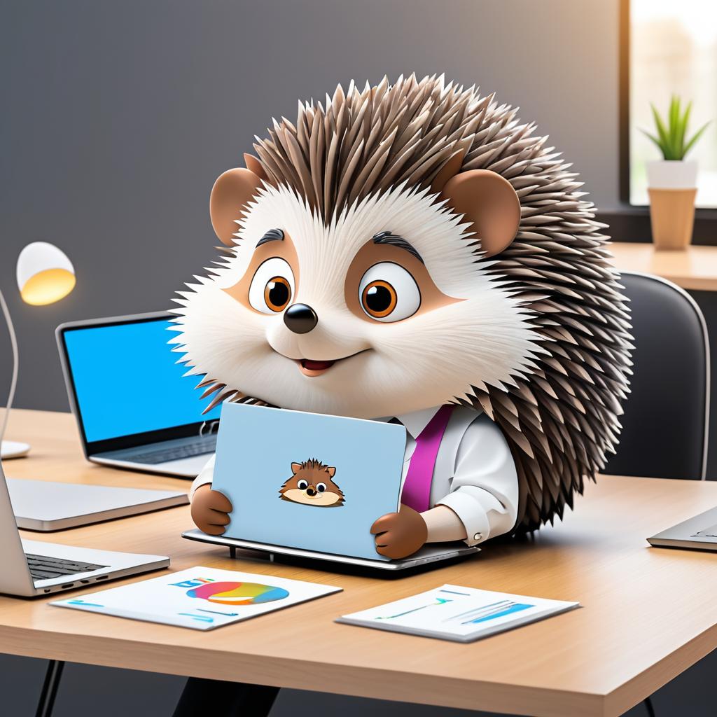 Confident Cartoon Hedgehog at Desk