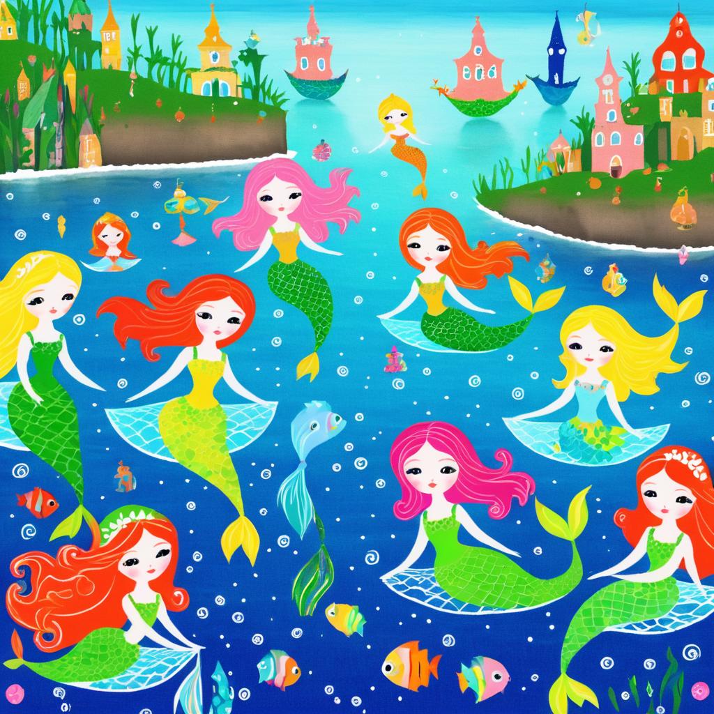 Naive Art Mermaid in Fantasy Landscape