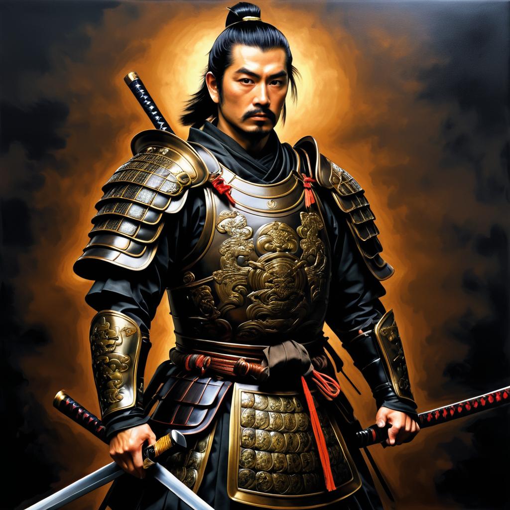 Stoic Samurai in Dramatic Oil Painting