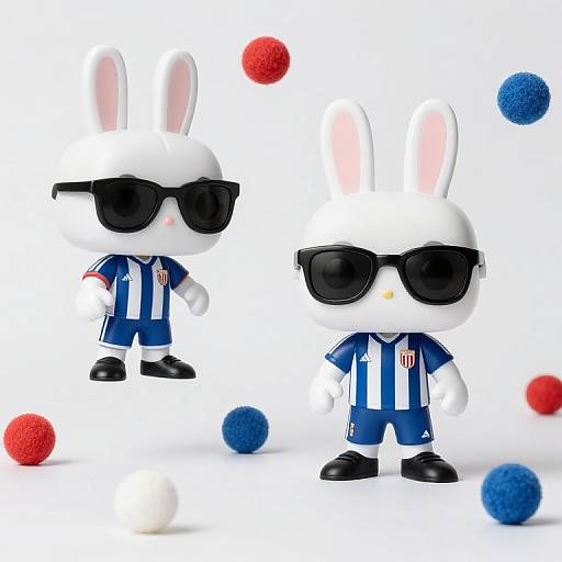 Photograph of two white rabbit figurines in blue and white soccer uniforms, wearing black sunglasses, standing amidst red and blue balls.