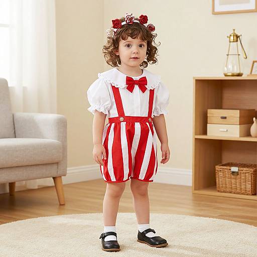 Photograph of a young girl with curly brown hair, wearing a red and white striped dress, white blouse, black shoes, and red rose hairband