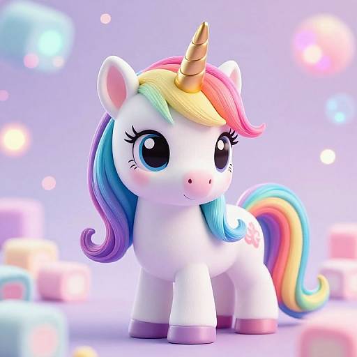 Cute digital illustration of a white cartoon unicorn with a multicolored mane and tail, large blue eyes, and a golden horn, standing against a