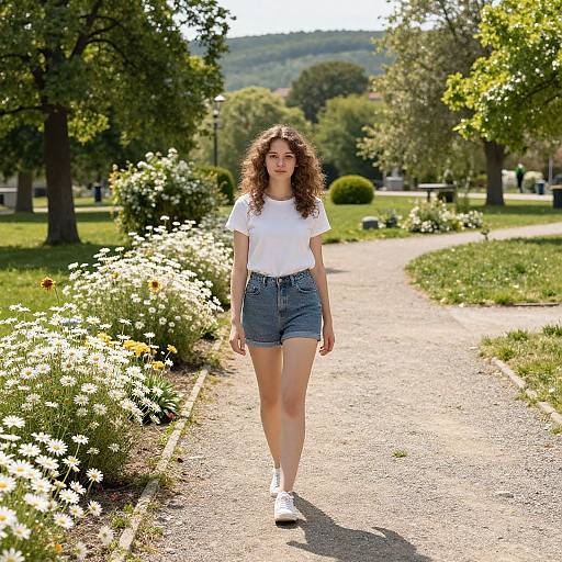 Photograph of a young woman with curly brown hair, wearing a white t-shirt, blue denim shorts, white socks, and black shoes, walking down