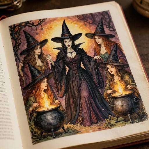 Illustration of four witches in black dresses and hats, with glowing cauldrons, in a dark, mystical forest, in an open book.