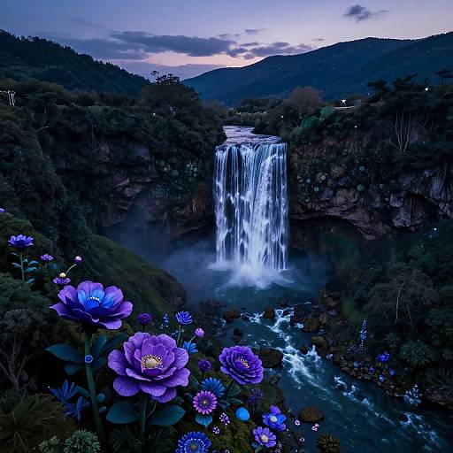 Photograph of a vibrant waterfall at dusk, surrounded by dark, forested hills, with bright purple flowers in the foreground.