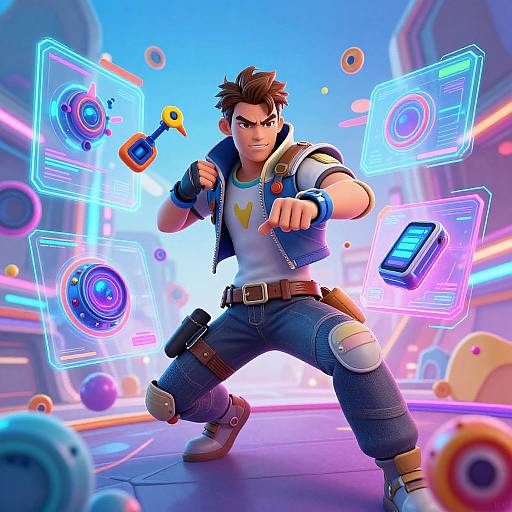 Digital art of a muscular, brown-haired man in a blue vest and jeans, crouching, fists raised, surrounded by glowing tech icons. Neon