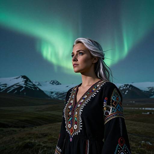 Photograph of a white-haired woman in a black embroidered dress, standing against a backdrop of northern lights and snowy mountains.