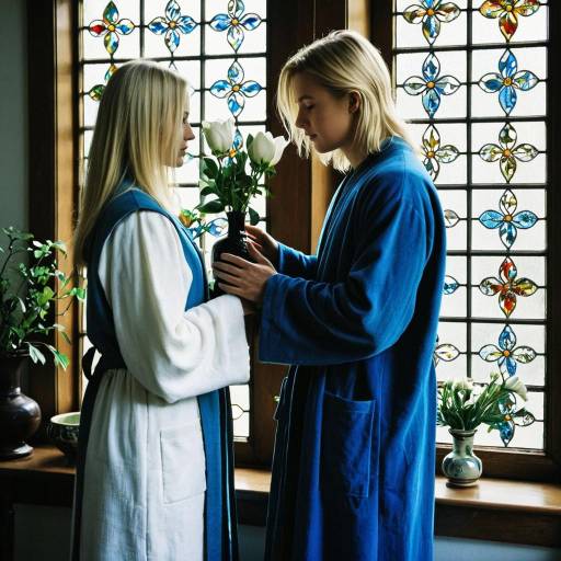 Two Women Holding Roses by Stained Glass Window