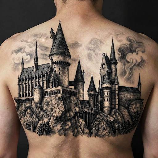Realistic Hogwarts Castle Back Tattoo