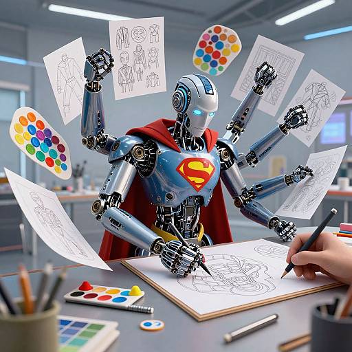 Photograph of a robotic Superman drawing six different sketches with multiple arms, wearing a red cape, in an art studio. Human hand draws on paper in