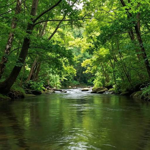 Photograph of a serene, sunlit forest stream with vibrant green leaves overhead, reflecting in the calm, clear water, surrounded by tall trees and rocks