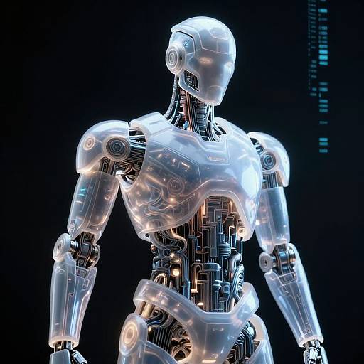 CGI image of a glowing, transparent, humanoid robot with intricate mechanical details, standing against a dark blue, digital background.