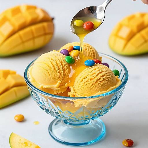 Photograph of a clear glass bowl filled with yellow ice cream scoops, topped with colorful rainbow candy pieces, being drizzled with honey using a