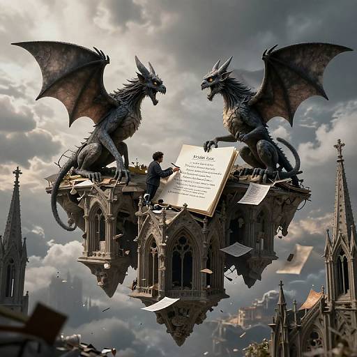 Digital fantasy artwork of two fierce, black dragon-like creatures with bat wings perched on a floating, gothic cathedral, reading open books amidst a storm