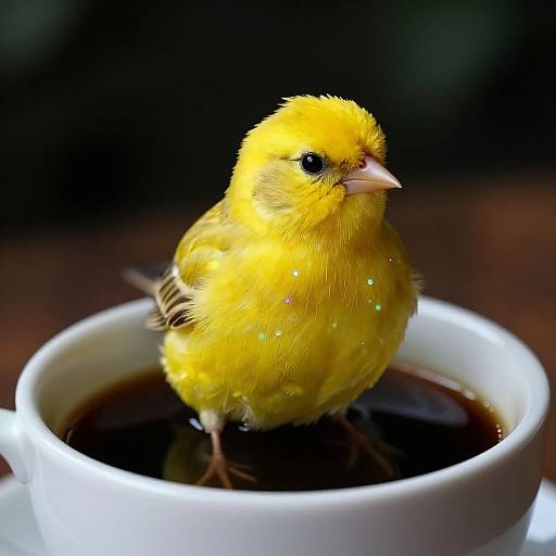 Photograph of a bright yellow chick with tiny, sparkling feathers, perched on a white cup filled with dark coffee. Dark background.