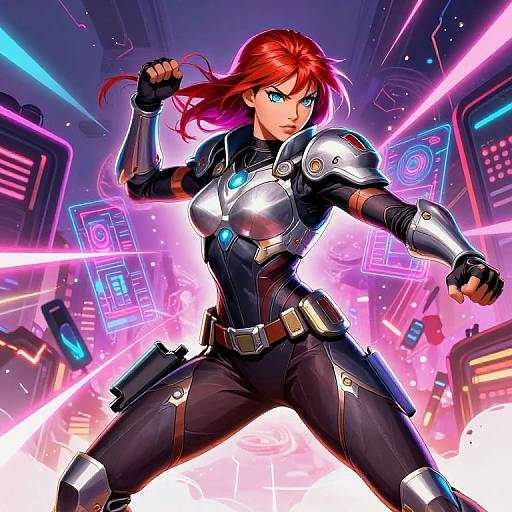 Digital art of a red-haired, blue-eyed woman in futuristic black and silver armor, fists raised, standing in a neon-lit cyber city.