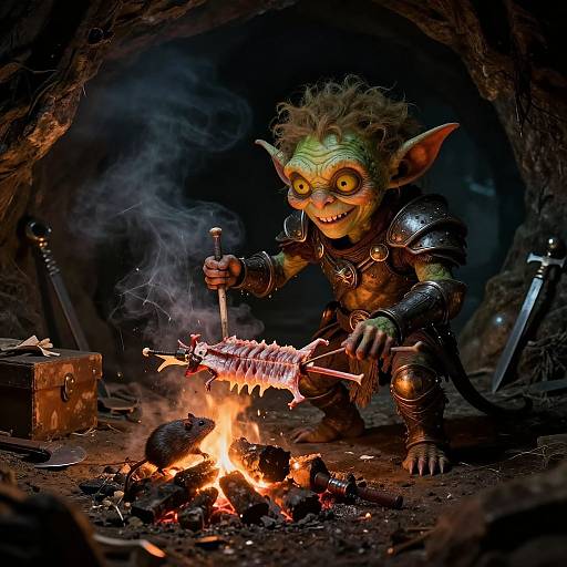 CGI fantasy image of a green-skinned goblin with yellow eyes, grinning, roasting skewered meat over a campfire in a dark