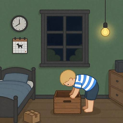 Child Exploring Wooden Crate in Dimly Lit Bedroom