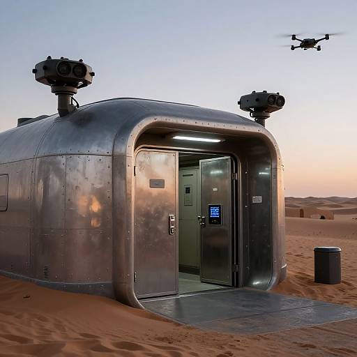 Photograph of a futuristic, metallic dome-shaped structure with twin surveillance towers, set in a desert with a drone flying overhead.