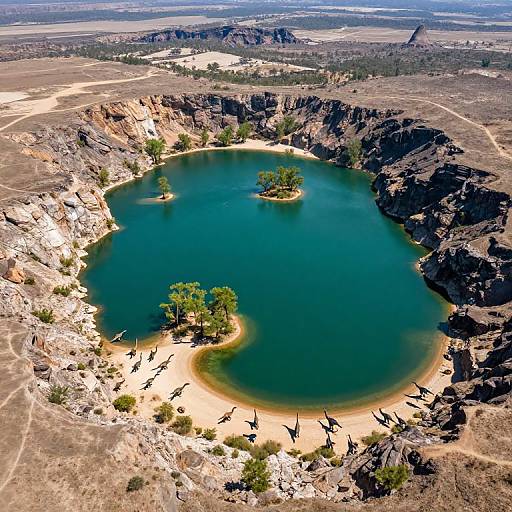 Aerial photograph of a turquoise, oval-shaped lake surrounded by rocky cliffs, with small islands and trees, and flocks of black birds on the shore