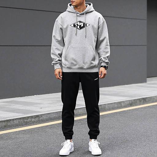 Photograph of a man standing on a street, wearing a gray hoodie with black logo, black sweatpants, and white sneakers.