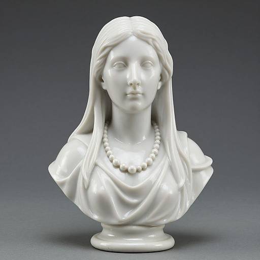 Photograph of a white, glossy marble bust of a serene-faced woman with a veiled head, wearing a pearl necklace, set against a gradient gray