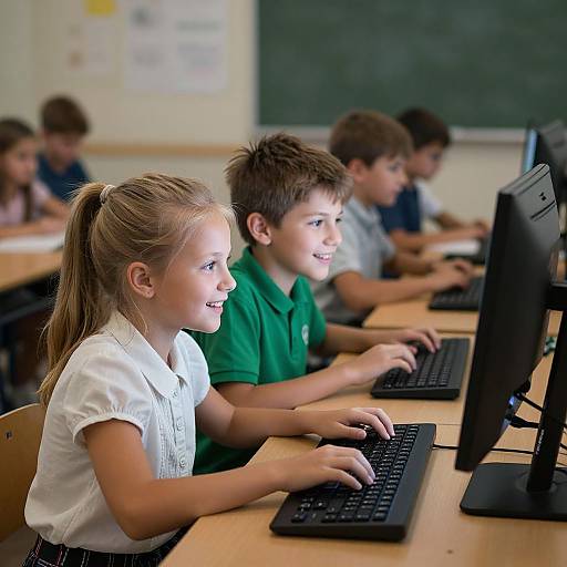 Photograph of a classroom: Four children, two girls and two boys, in white and green shirts, smiling while typing on black keyboards in front of