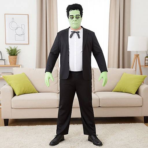 Photorealistic digital image of a green-skinned, black-haired Frankenstein monster in a black tuxedo, standing in a bright living room with
