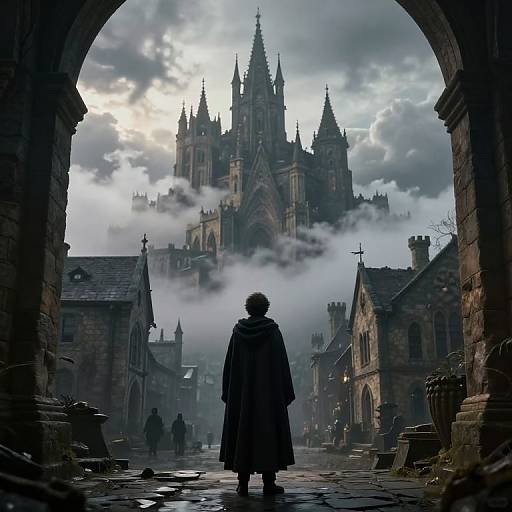 Solitary Cloaked Figure in Ancient City