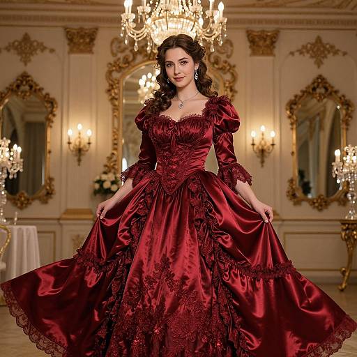 Photograph of a dark-haired woman in an ornate, deep red, lace-trimmed ball gown, standing in a luxurious, gold-accent