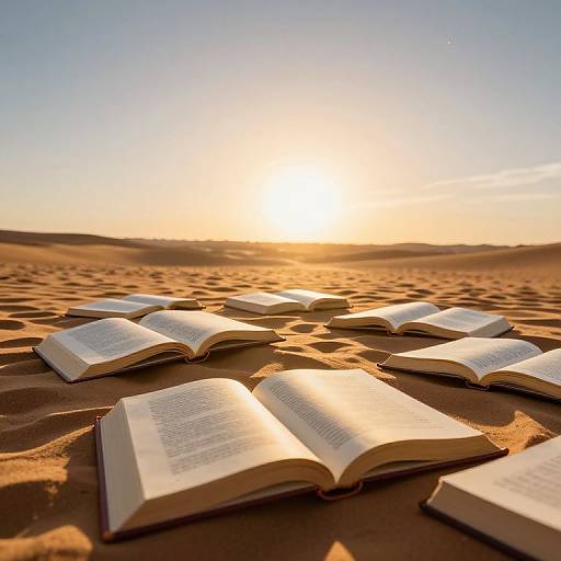 Photograph of open books scattered on golden sand dunes at sunset, with bright sun low on horizon, casting long shadows.